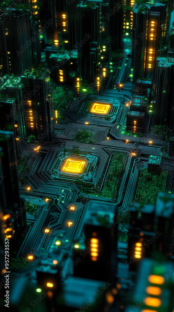 Poster futuristic circuit board maze with data pathways representing digital ai processing in a technologic