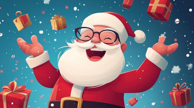 Cheerful Santa Claus character with gifts and snow, concept of Christmas joy and holiday celebration