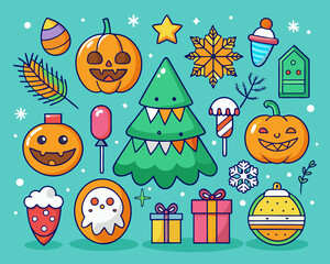 Obraz premium Creative doodles of various holiday icons such as Christmas trees, Easter eggs, and Halloween pumpkins