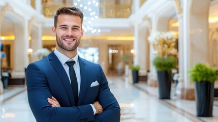 Welcoming Hospitality: Friendly Hotel Manager Greets Guests in Luxurious Lobby