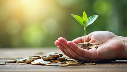 A hand holding a small green plant growing out of a pile of coins, representing the concept of investment, growth, and financial sustainability