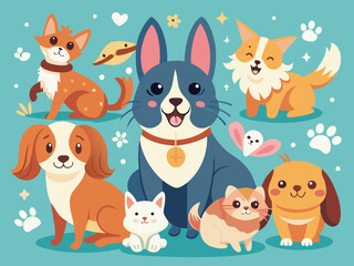 Fototapeta premium Charming doodles of different pets such as cats, dogs, and rabbits in playful poses