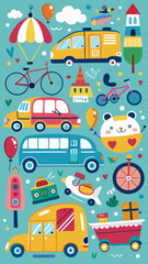 Naklejka premium Playful doodles of different types of vehicles including cars, buses, and bicycles