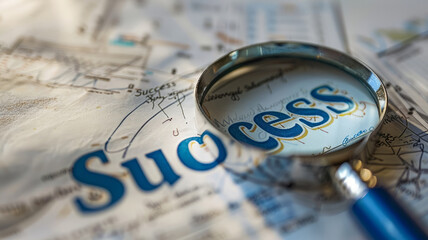 Magnifying glass focusing on the word 'success.'