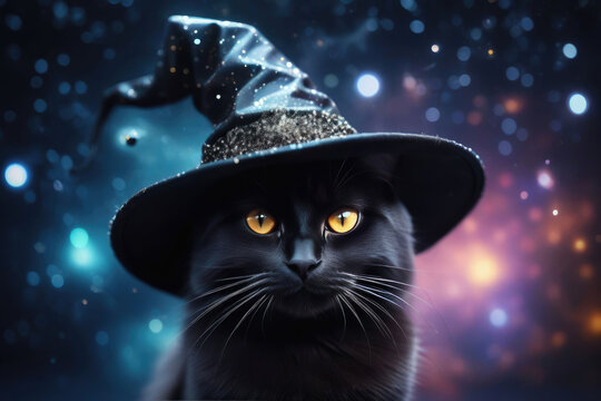 Black cat with witch hat on the background of the lights with a bokeh effect for the design of cards and invitations Halloween event.