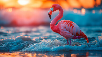 Vibrant Pink Flamingo Wading in Ocean Waves at Sunset Beach, Serene Coastal Wildlife, Tropical Bird Santuray, Exotic Nature Scene, Peaceful Seaside Tranquility, Surfside Wildlife Photography