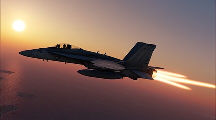 Majestic F/A-18 Super Hornet soaring through vibrant sunset skies with blazing afterburners illuminating the horizon