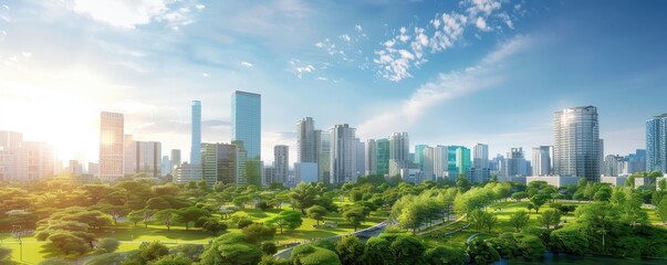 Obraz premium Panoramic view of a modern city skyline with lush green park in the foreground, under a sunny and partly cloudy sky.