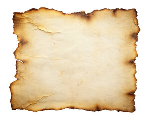 Aged paper with scorched and burnt edges showing visible creases and wear. The image offers a vintage feel, ideal for historical or themed designs. Isolated on transparent background, png.