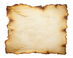 Aged paper with scorched and burnt edges showing visible creases and wear. The image offers a vintage feel, ideal for historical or themed designs. Isolated on transparent background, png.
