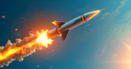 A rocket is flying through a cloud of smoke and fire,rocket launch, rocket in flight, smoke and fire, rocket smoke, fiery rocket, rocket trail