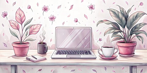 Tranquil work from home setup: laptop with pink sky display, surrounded by houseplants and coffee on a desk. Freelancer workspace