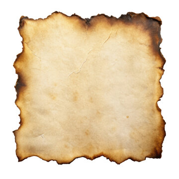 Old burnt paper with singed edges and visible cracks. The image evokes an antique, vintage feel, perfect for backgrounds or historical themes. Isolated on transparent background, png.