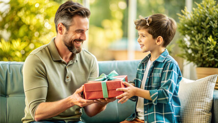 Happy father and son giving a gift box to each other at home