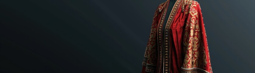 Elegant traditional dress with intricate embroidery, rich red and gold details, showcasing cultural heritage and artisanal craftsmanship.