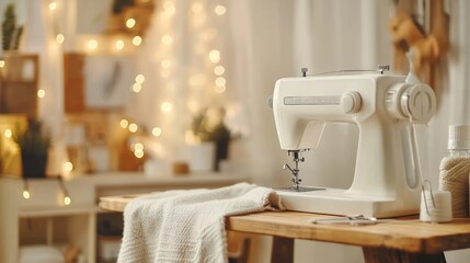 Sewing machine with fabric and craft accessories on wooden table indoors