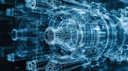 Obraz premium Futuristic 3D rendering of a mechanical engineering blueprint showcasing intricate designs and advanced technology.