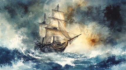Fototapeta premium Pirate ghost ship, trapped in an eternal storm, cursed crew, Watercolor style
