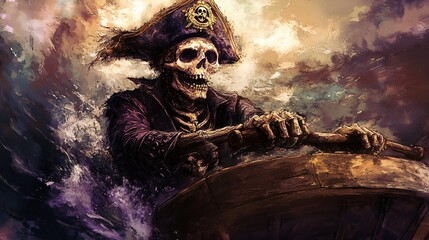 Fototapeta premium Skeleton pirate captain, steering through cursed waters, eerie glow, Watercolor style