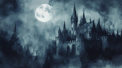 Gothic castle, moonlit night, eerie mist, Watercolor style