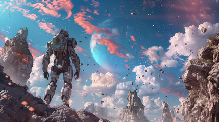 A futuristic mech suit standing on the surface of an alien planet, with strange rock formations and colorful skies.