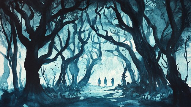 Dark forest, twisted trees, shadowy figures, Watercolor style