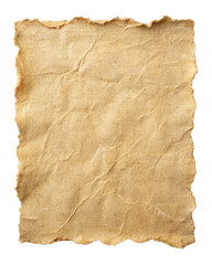 Aged parchment paper with rough, torn edges, showcasing a vintage and worn appearance. Ideal for antique-themed projects, crafts, or historical documents. Isolated on transparent background, png.