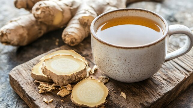 A cup of burdock root tea, with dried burdock roots and a slice of ginger on a rustic cutting board