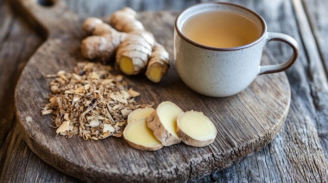 A cup of burdock root tea, with dried burdock roots and a slice of ginger on a rustic cutting board