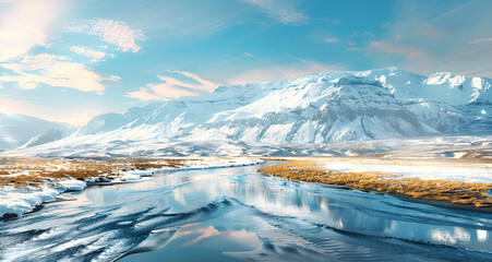 Obraz premium Winter snowy landscape with lake near mountains,winter landscape, snowy mountains, lake in winter, winter scenery, snow-covered mountains 