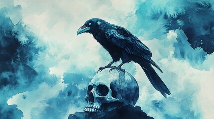 Fototapeta premium Black raven, perched on a skull, ominous clouds, Watercolor style