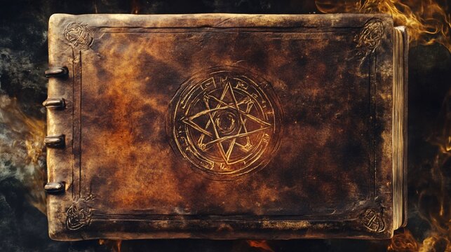 Worn leather-bound book, arcane symbols, ancient library, Watercolor style