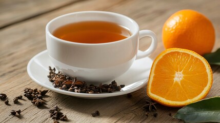 A cup of clove tea, with whole cloves and a slice of orange arranged on a wooden table