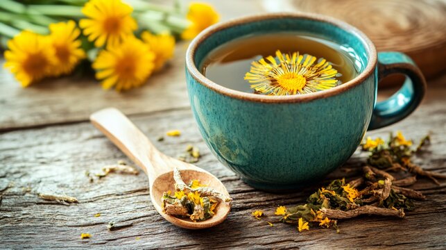 A cup of dandelion tea, with dried dandelion roots and a small wooden spoon on a natural wood surface