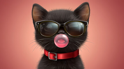 A cool black cat with sunglasses and a red collar.