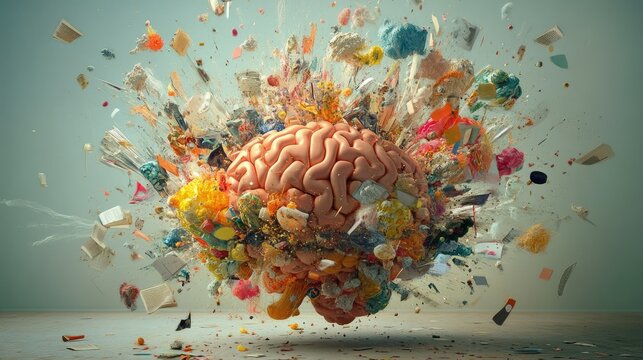 Concept art of a human brain exploding with knowledge and creativity 