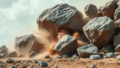 Massive rocks crashing into the ground with dust.