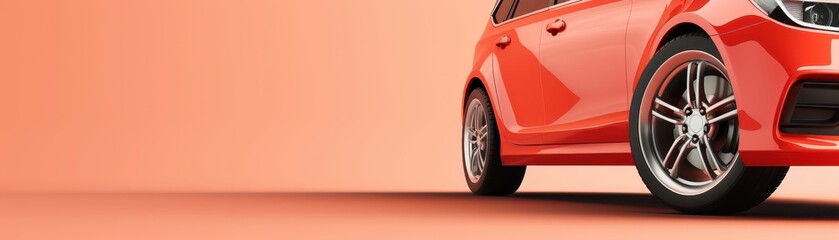 Close-up of a red car's front wheel and bumper against a peach background. Modern design and vibrant color on display.