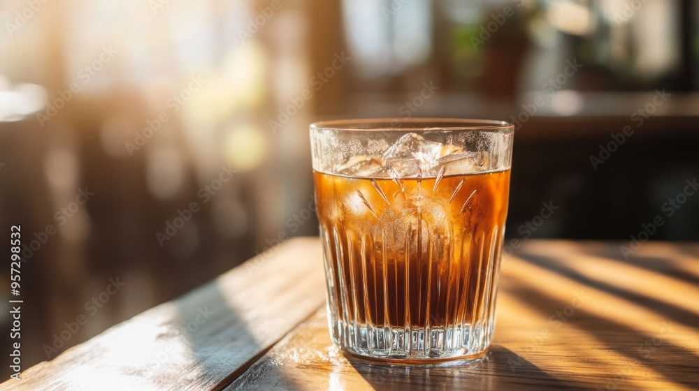 Poster a close-up shot of a clear glass filled with iced coffee on a wooden table, with soft sunlight strea