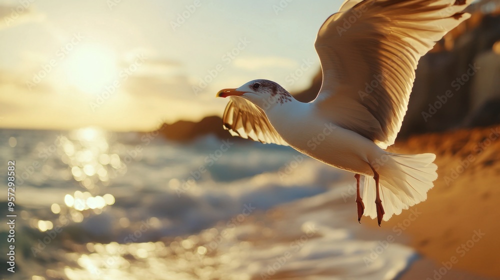 Poster a close-up shot of a seagull flying near the shore, with its wings spread wide and its feathers catc