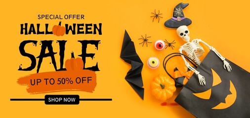 Banner for Halloween sale with decorations and shopping bag