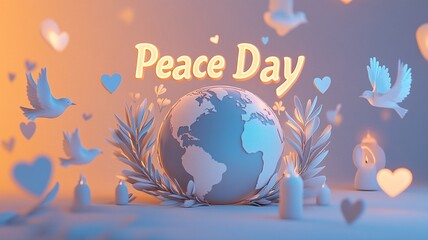 Naklejka premium A serene design celebrating World Peace Day, featuring symbols of peace such as doves, olive branches, and a globe, evoking unity and harmony
