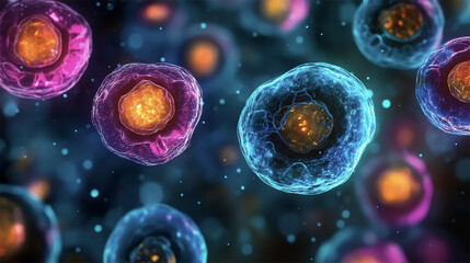 Naklejka premium High-definition fluorescence microscopy of stem cells differentiating into various cell types 