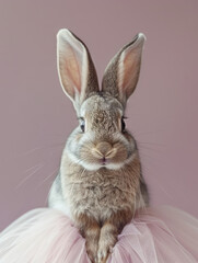 Obraz premium A cute bunny with big ears in a pastel pink setting.
