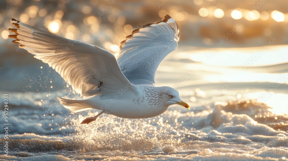 Poster a close-up shot of a seagull flying near the shore, with its wings spread wide and its feathers catc