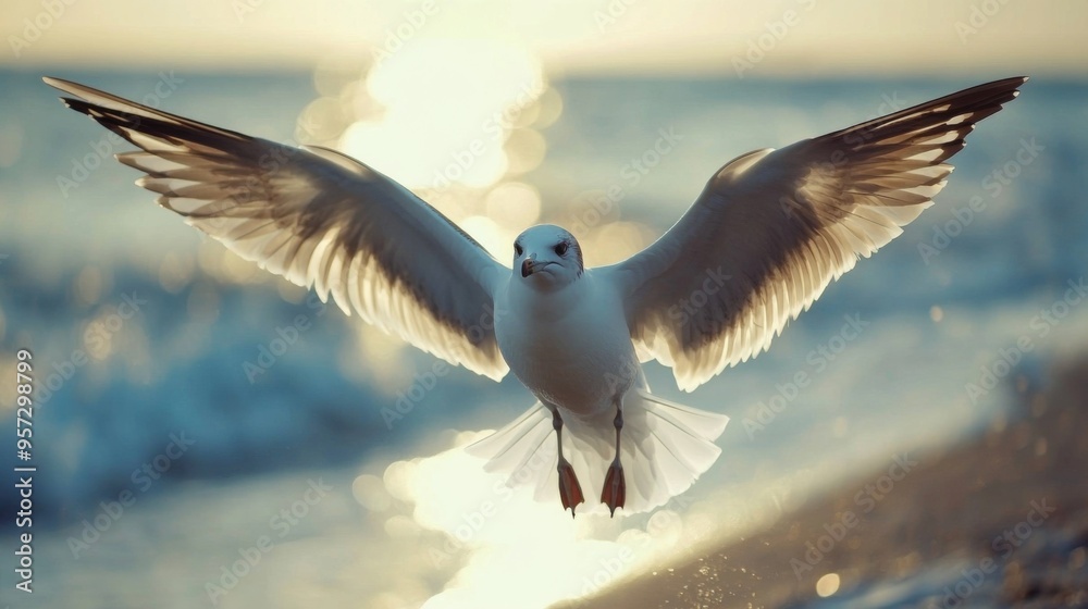Aufkleber a close-up shot of a seagull flying near the shore, with its wings spread wide and its feathers catc