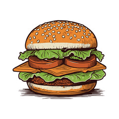 Double Layered Hamburger with Cheese and Vegetables Illustration