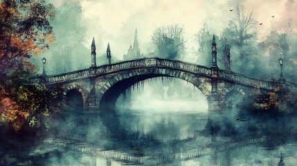 Gothic bridge, spanning a misty river, Watercolor style