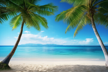 Fototapeta premium An illustration of a beautiful landscape. Beach with palm trees overlooking blue lagoon beach in Maldives or other lakshari islands. Concept of a perfect vacation far away from tourists.