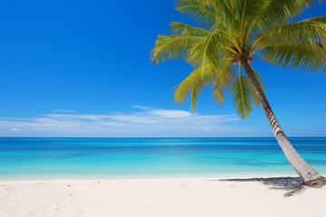 An illustration of a beautiful landscape. Beach with palm trees overlooking blue lagoon beach in Maldives or other lakshari islands. Concept of a perfect vacation far away from tourists.